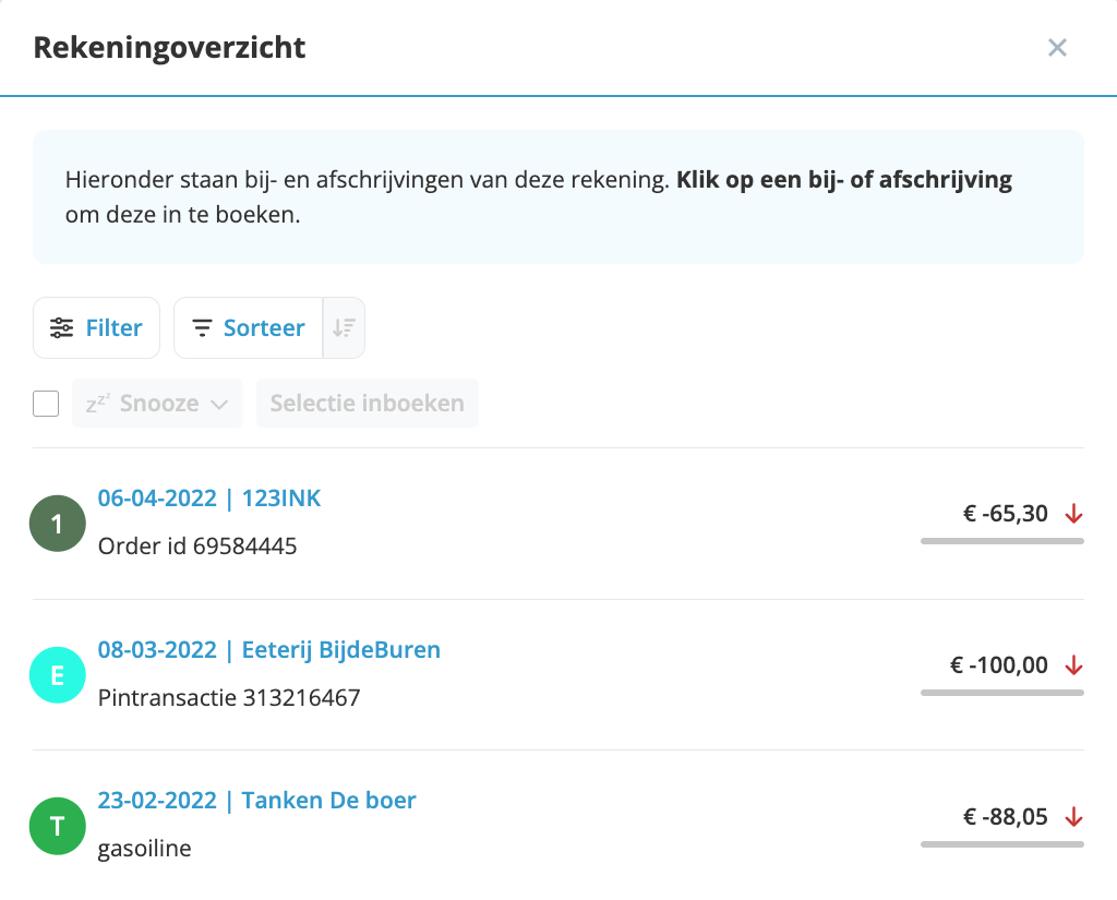 lijst nog te verwerken banktransacties